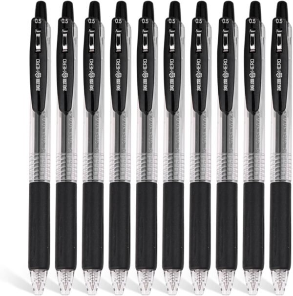 0.5mm Black Smooth Gel Fineliner Rollerball Pens Extra Large Ink Capacity Fine Ball Point Black Ink Use for School Office Writing Drawing Sketching (Retractable, 10, Count)